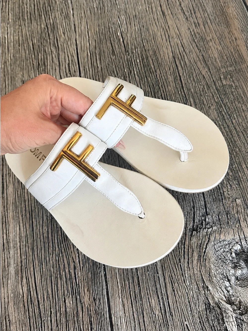 Tom Ford White Leather Thong Sandals with Gold T Hardware